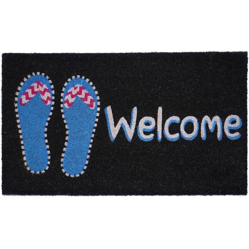 HomeRoots 17" X 29" Black And Blue Flip Flop Welcome Outdoor Coir Door Mat - 17.00' X '29.00