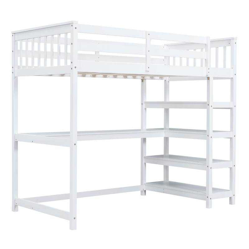 Full Size Loft Bed with Built-in Desk and Storage Shelves, White