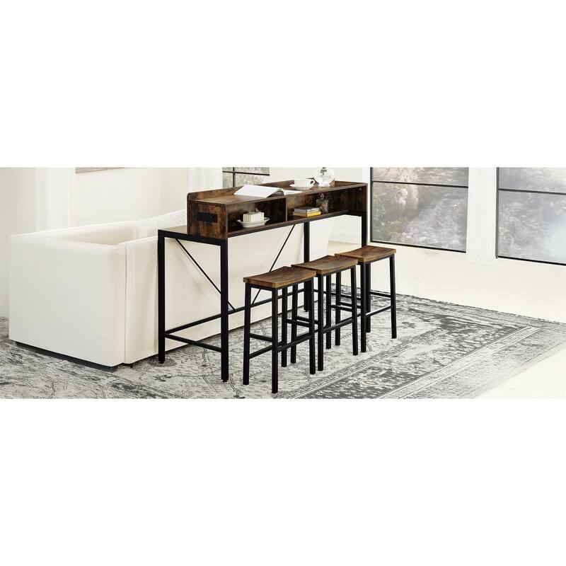 Counter Height Bar Table Set with Power Socket & LED Light, Farmhouse 4-Piece Dining Table Set with 3 Saddle Stools