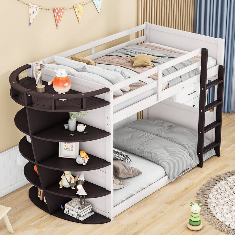Twin over Twin BoatLike Shape Bunk Bed with Storage Shelves Bed Bath