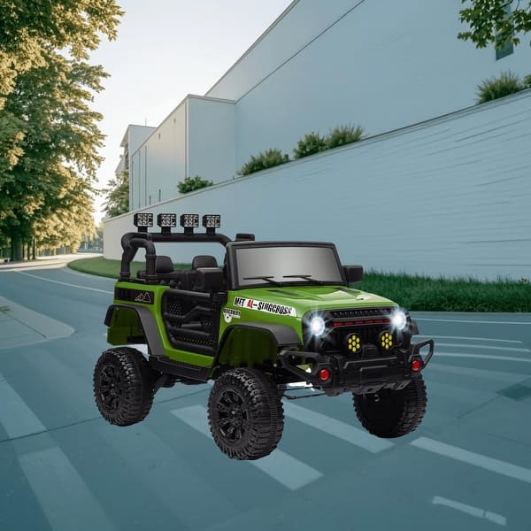 slide 2 of 17, Dual Motor 12V Battery Powered Ride-On Car for Kids, 3 Speeds, Bluetooth, Music, Horn, Parents Remote Control and LED Lights Green