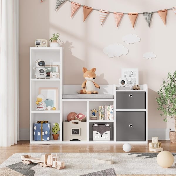 slide 2 of 6, 6-Cubby Kids Bookshelf with White Bookcase Seat Cushion for Kids Room White
