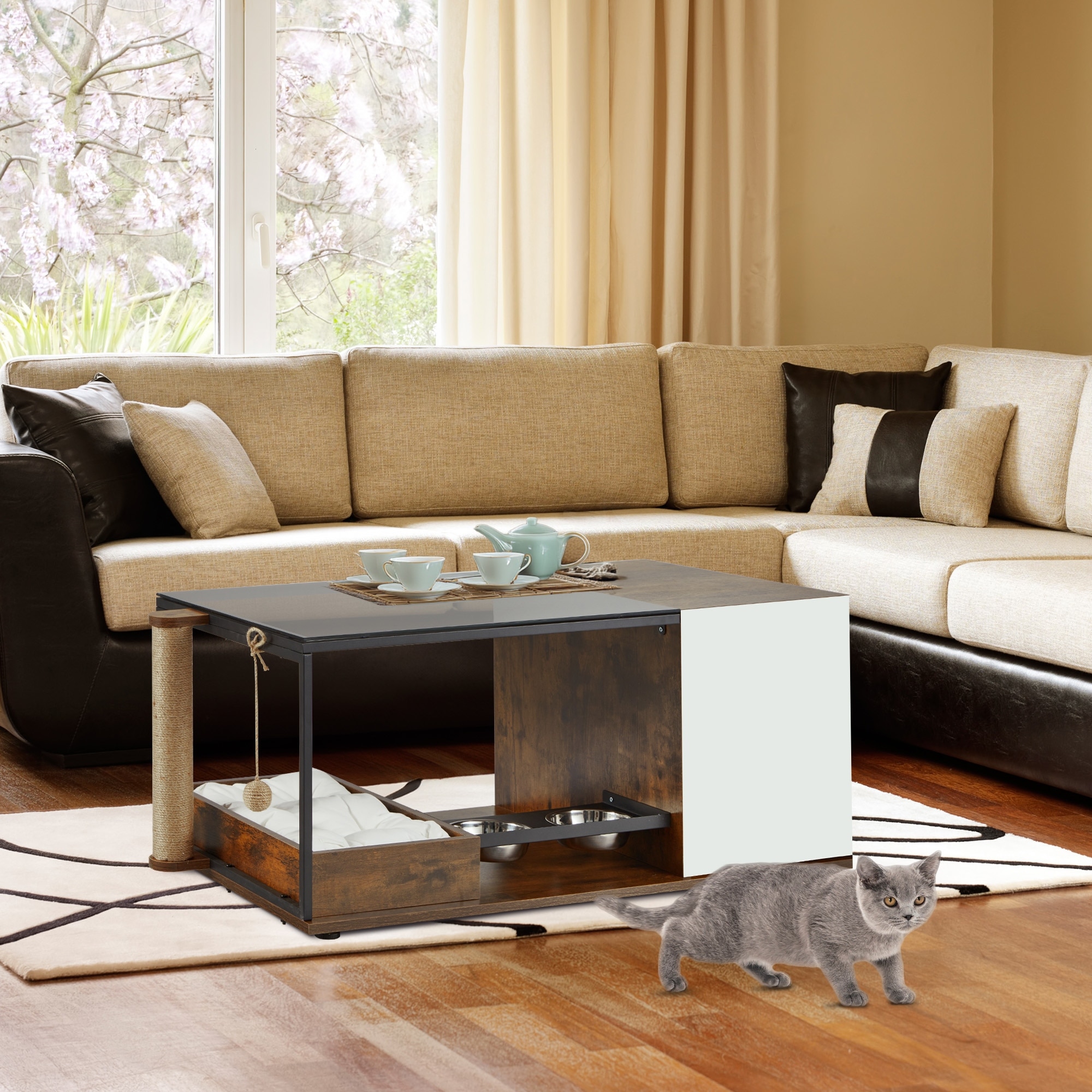 EROMMY Cat Coffee Table - Stylish End Table with Scratching Post, Feeding Station, and Cat Condo for Space-Saving Design