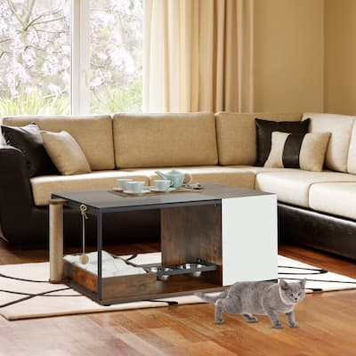 EROMMY Cat Coffee Table - Stylish End Table with Scratching Post, Feeding Station, and Cat Condo for Space-Saving Design