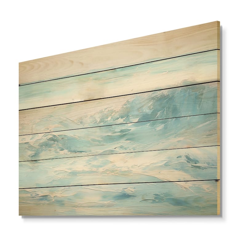 DESIGN ART "Blue And White Simplicity Beach" Coastal Waves Wood Wall Decor - Blue Wood Panel On Natural Pine Wood