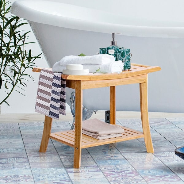 Gymax Bamboo Shower Bench Bathroom Spa Bath Seat Organizer Gymax Bamboo Shower Bench Bathroom