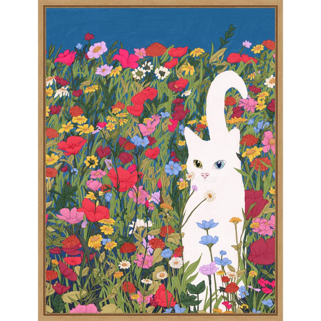 White Cat in the Wildflowers by Ec Mazur Framed Canvas Wall Art