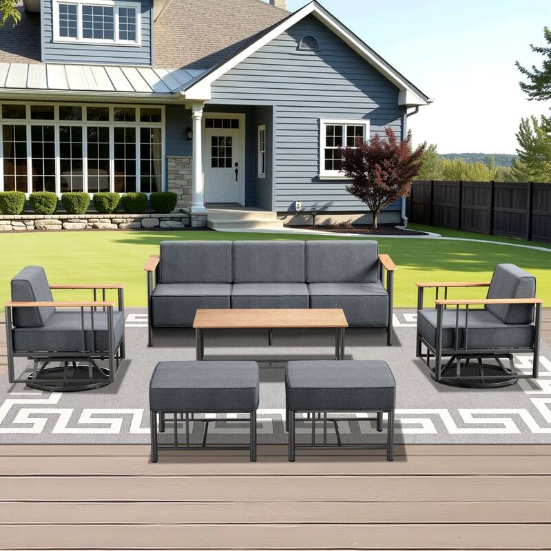 Outdoor Patio Funiture Set with Extra-Thick Seat cushion - Black & Dark Grey Cushion - 6PCS Sofa Swivel Chair Ottoman with Table