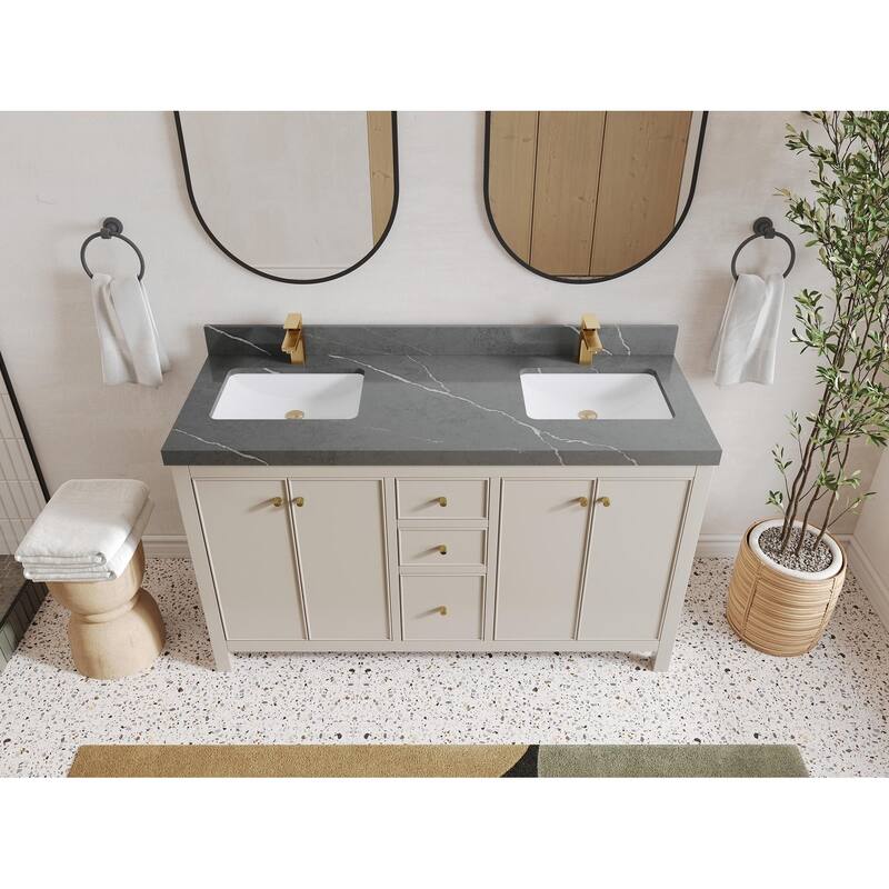 Willow Collections 60 in. W x 22 in. D Chicago Double Sink Bathroom Vanity with Countertop - 2” Piatra Gray - Fine Grain
