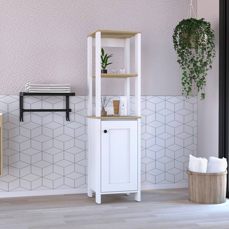 Linen Bathroom Storage Cabinet, Engineered Wood Bathroom Organizer, Freestanding Cabinet with 2 Open & 2 Interior Shelves - Multicolor
