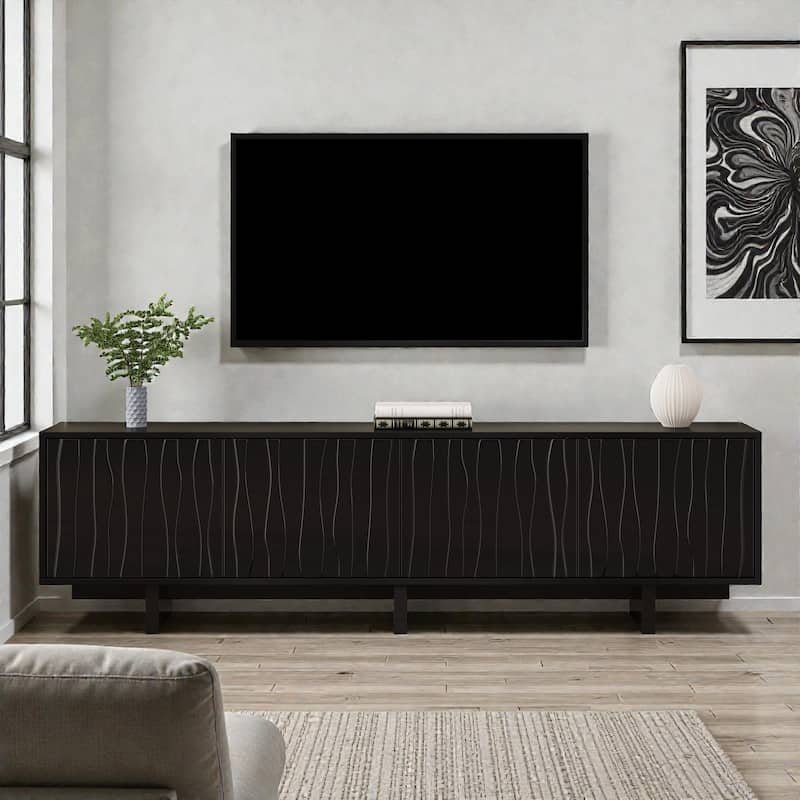 Retro Wood Grain TV Stand with Wavy Doors, Rustic Media Console for TVs up to 75", Storage Cabinet - Black