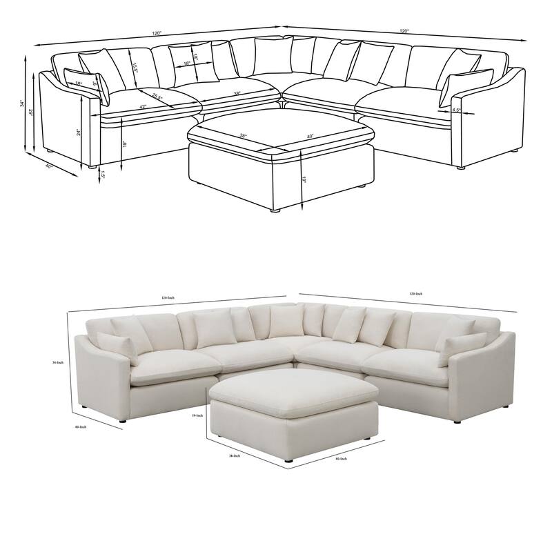 Hobo 6pc Modular Sectional Sofa, Ivory Fabric, 10 Pillows, 120 Inch