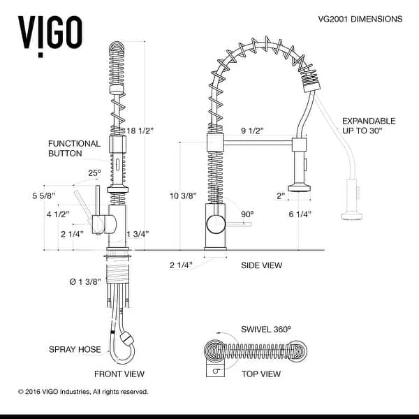 dimension image slide 6 of 5, VIGO Edison Pull-Down Spray Kitchen Faucet