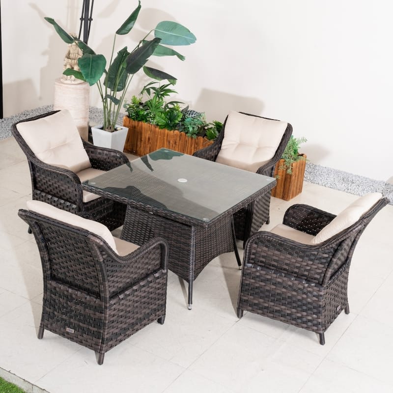 Outdoor 5-piece Square PE Rattan Dining Table and Chairs with Tempered Glass