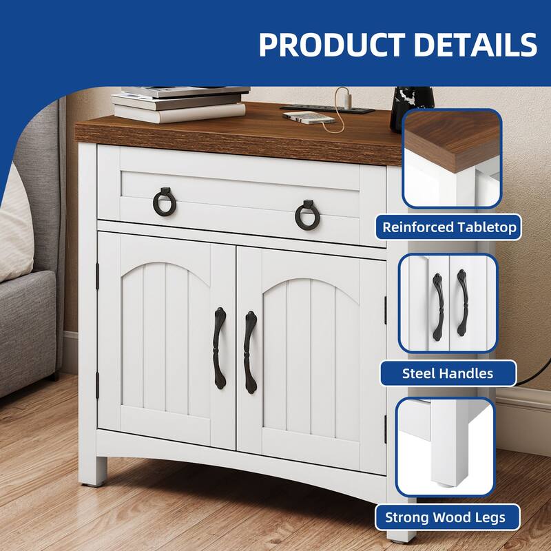 Moasis Farmhouse Nightstand with Charging Station,End Table with 2-Door Cabinet