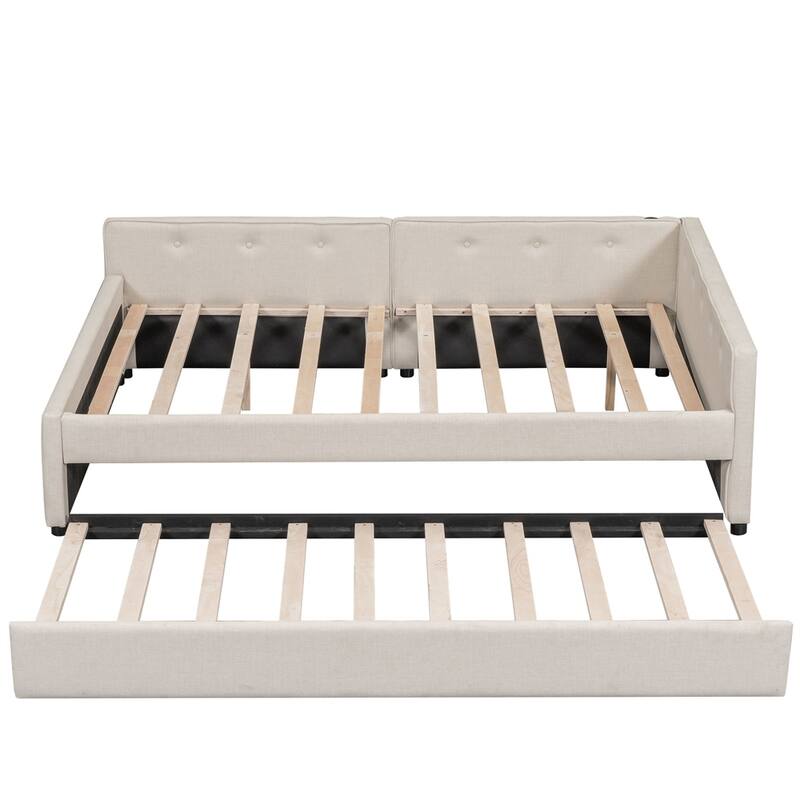 Modern Upholstered Platform Bed with USB and Twin Size Trundle