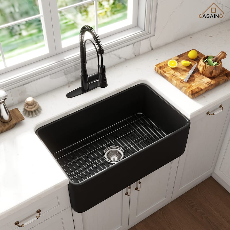 Premium Fireclay Farmhouse/Apron-Front Single Bowl Kitchen Sink with 3-Function Pull-Down Kitchen Faucet Combo