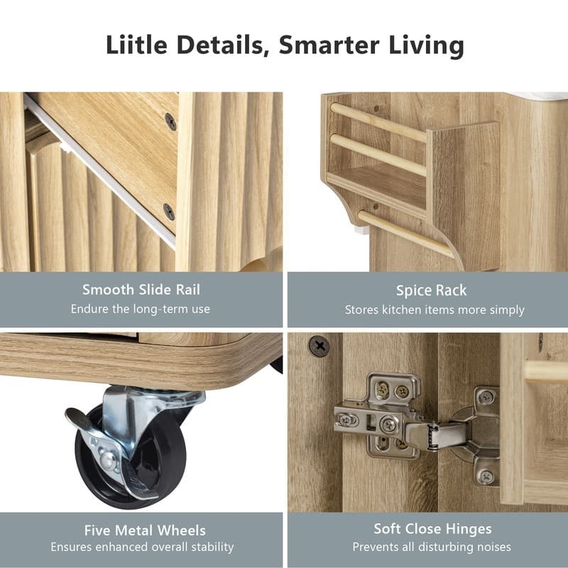 55.5" Fluted Kitchen Island with Drop Leaf and Storage Features Power Outlet and Adjustable Shelves