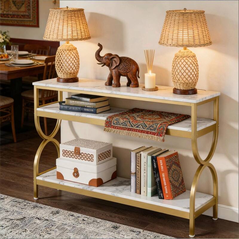 55" White & Gold Console Table with Faux Marble Top and 3-Tier Storage
