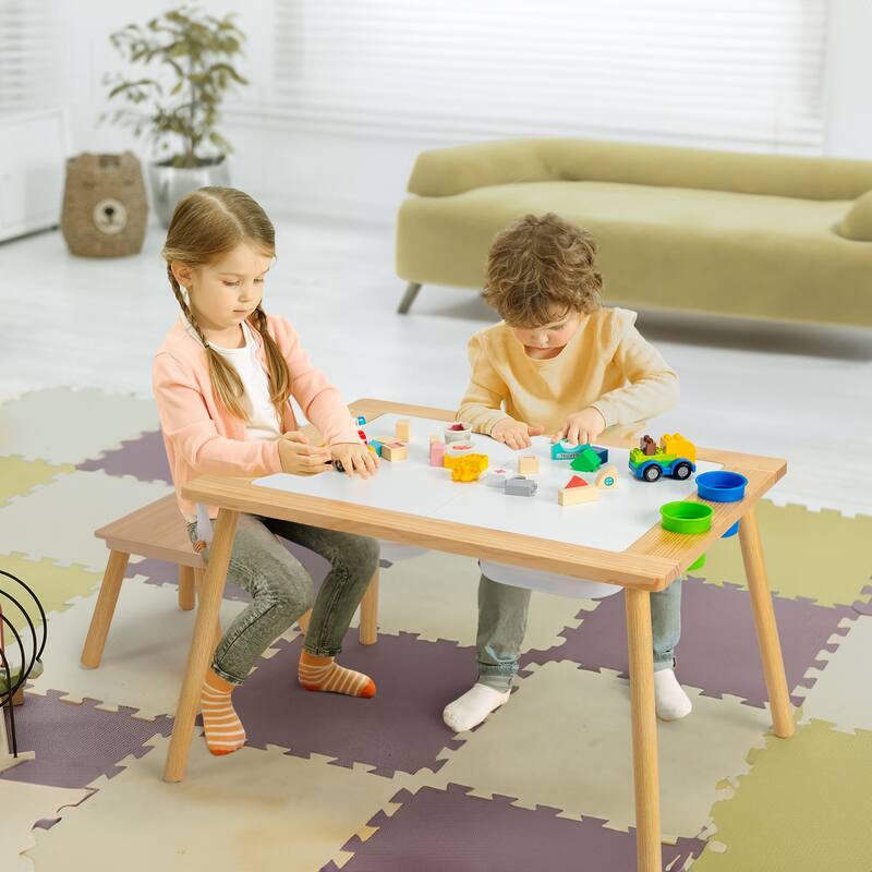 Kids Wooden Sensory Table with Stool and Storage Bins Natural Pine Activity Table for Arts Crafts Learning and Play
