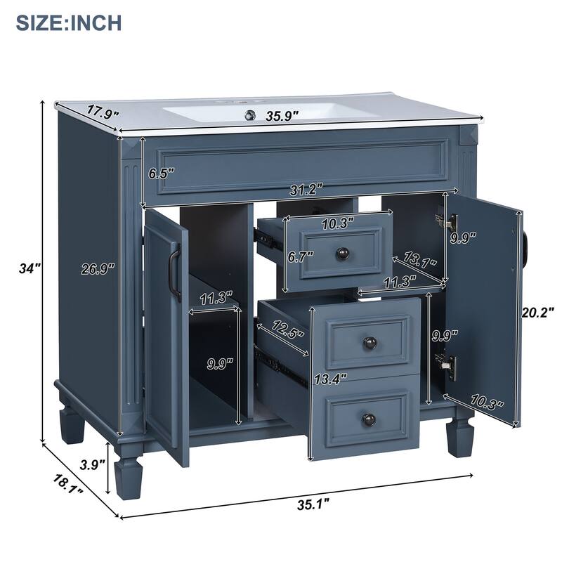 36'' Bathroom Vanity with Top Sink, Freestanding Vanity Set with Mirror Cabinet