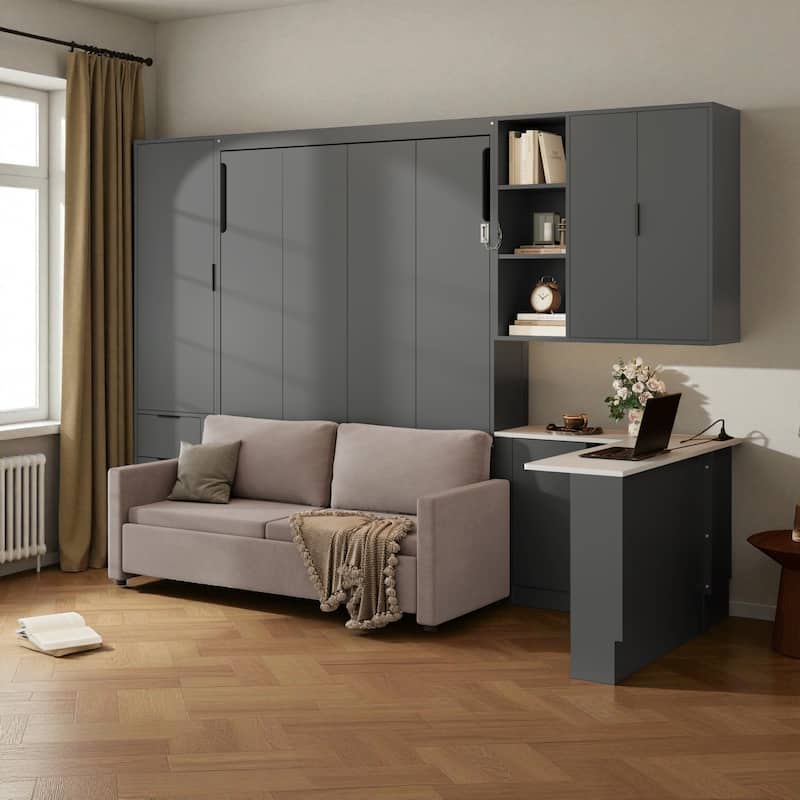 Queen Wall Murphy Bed with Hydraulic Lift Storage, Sofa, Shelves, Drawers, LED & USB Lighting for Small Spaces