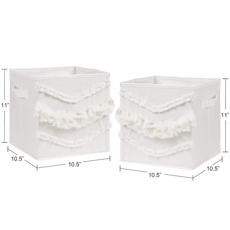 Ivory Boho Bohemian Collection Foldable Fabric Storage Bins - Gender Neutral Off White Farmhouse Chic Minimalist Fringe