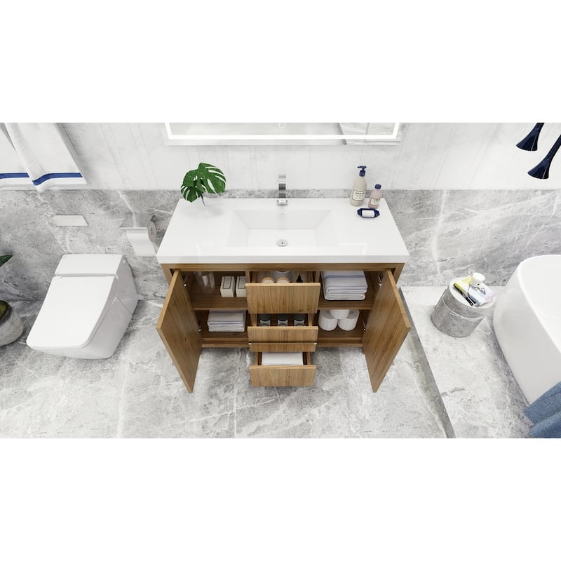 dolce 48 natural oak finish freestanding bath vanity with single basin reinforced acrylic top