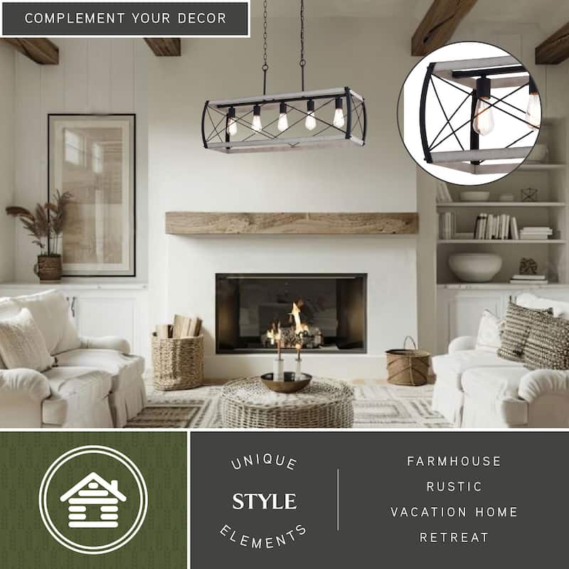 Montclare 5L Black and White Ash Wood Farmhouse Cage Linear Chandelier Island Pendant Light Fixture