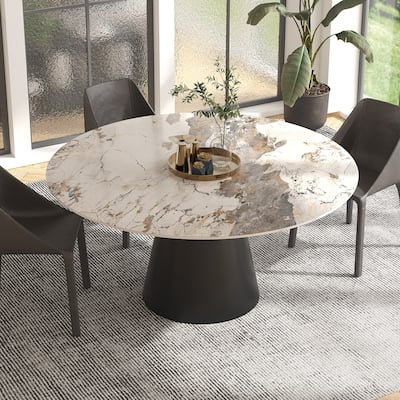 Modern Round Rock Slabs Black Titanium Stainless Steel Pedestal Dining Table