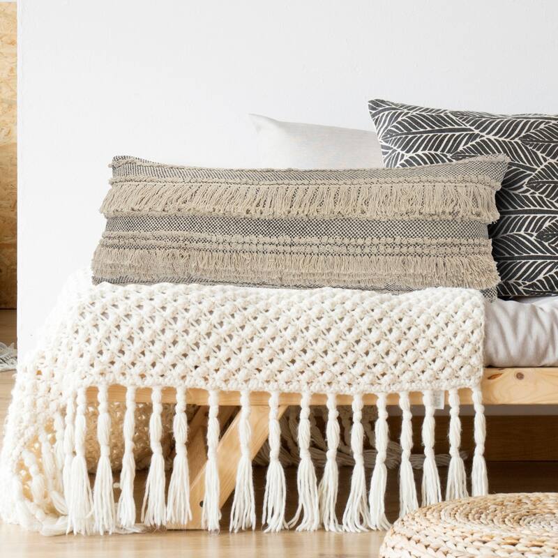 HomeRoots 14" X 36" Gray And Ivory 100% Cotton Chevron Zippered Pillow