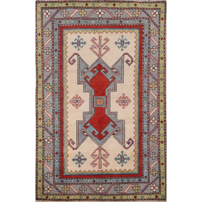 Ivory Geometric Kazak Oriental Foyer Rug Handmade Wool Carpet - 3'3" x 4'11"