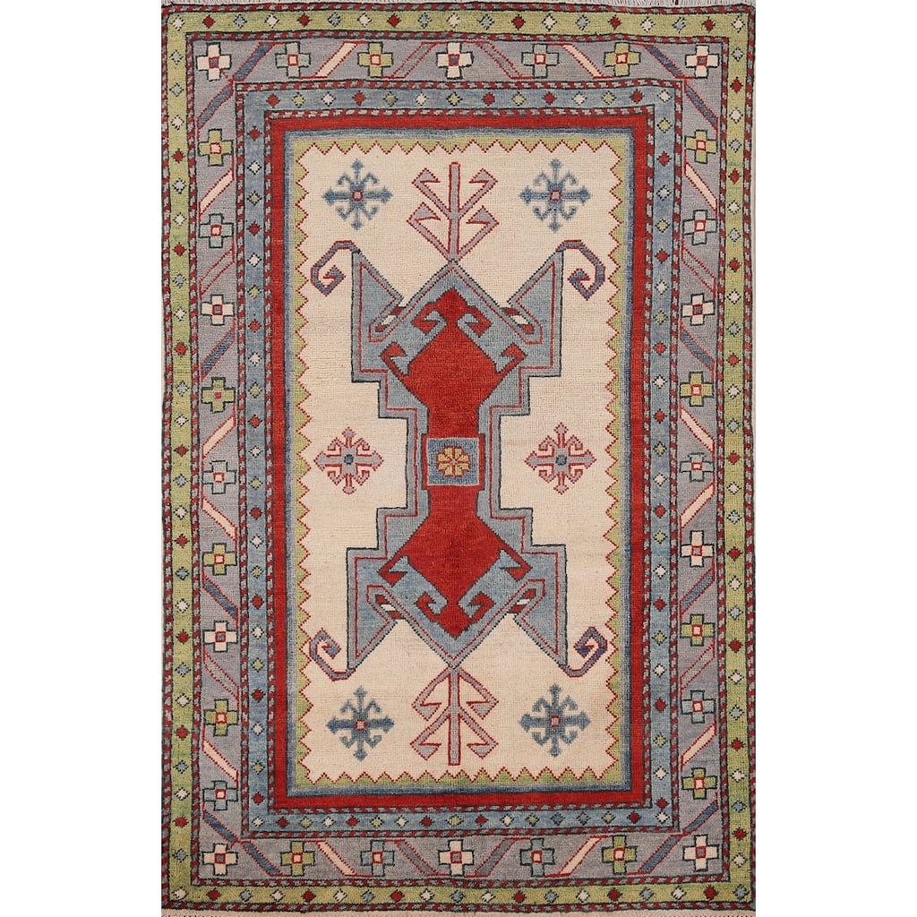 Ivory Geometric Kazak Oriental Foyer Rug Handmade Wool Carpet - 3'3" x 4'11"