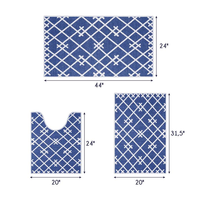 Geometric Design 3 Piece Bathroom Rugs Set - Non-Slip Ultra Thin Bath Rugs for Bathroom Floor - Washable Bathroom Mats Set