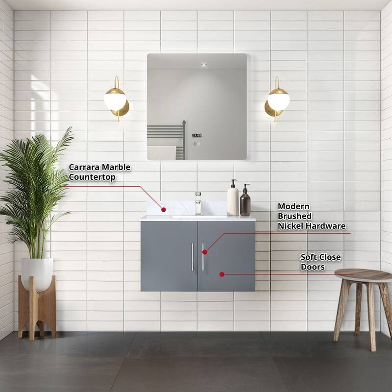 Monte Stainless Steel Bathroom Vanity Set with Marble Top, Chrome Faucet, 30" x 32" Mirror, Scratch & Stain Resistant