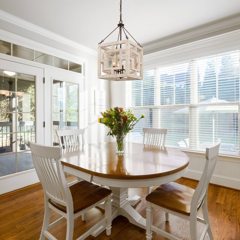 Modern Farmhouse 4-Light Pendant Wood Rustic Square Island Lights - W 13.5" x D 13.5" x H 26"