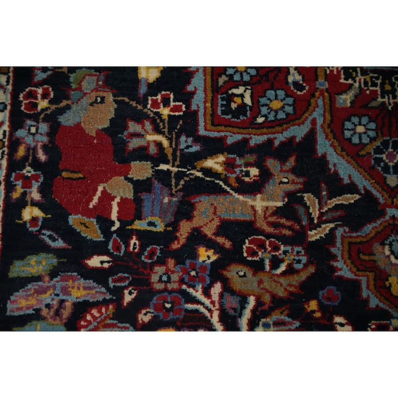 Hand Knotted Oriental 100% Wool Carpet Traditional Floral Navy Blue & Blues Kashan Area Rug - 4' 11'' X 3' 6''