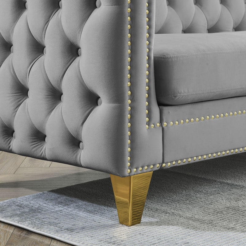 82.2'' Velvet Chesterfield L-Shaped Sofa for 5 with Nailhead Trim, Metal Legs, and Tufted Cushions