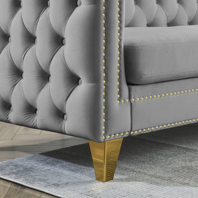 Classic Chesterfield Velvet Sofa Set, 2-Piece Button-Tufted 3-Seater Couch with Nailhead Trim and Metal Legs