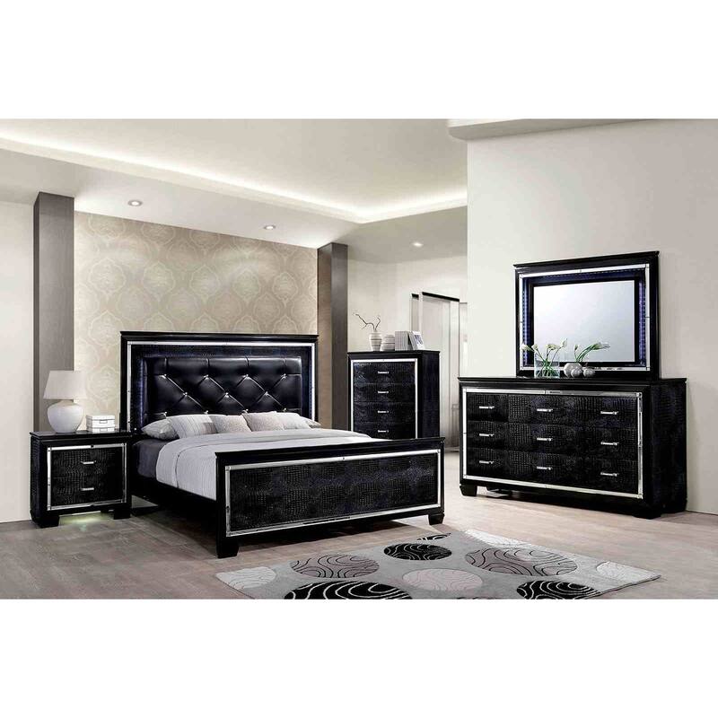 Luxury Black Contemporary Bedroom Collection with LED Mirrored Lighting