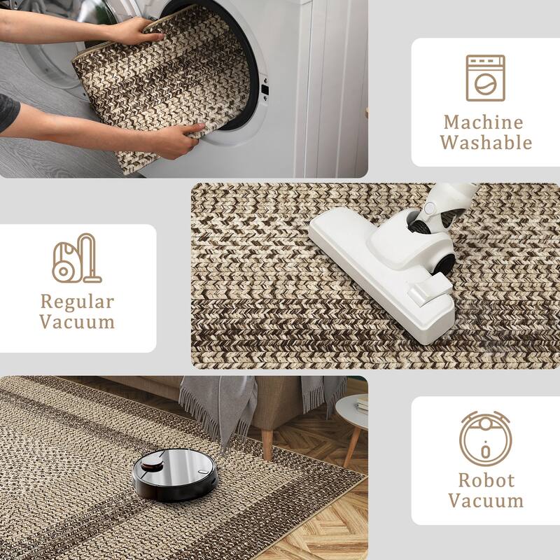 Washable Living Room Rugs Modern Braided Print Area Rug Border Design Accent Rugs for Bedroom Non-Slip Low Pile Area Rug
