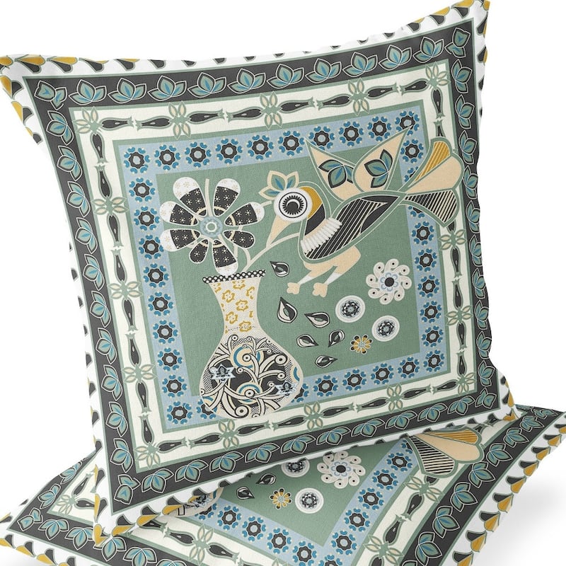 HomeRoots Set of Two 16" X 16" Green and Black Peacock Blown Seam Floral Indoor Outdoor Throw Pillow - 16.00' X '16.00' X '5.00