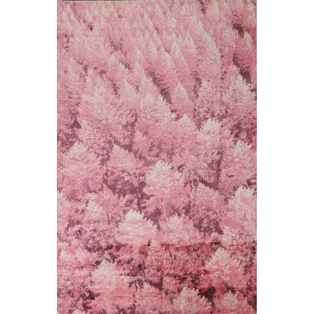 Modern Area Rug Hand-Knotted Abstract Pink Wool Carpet - 5'11"x 9'0"