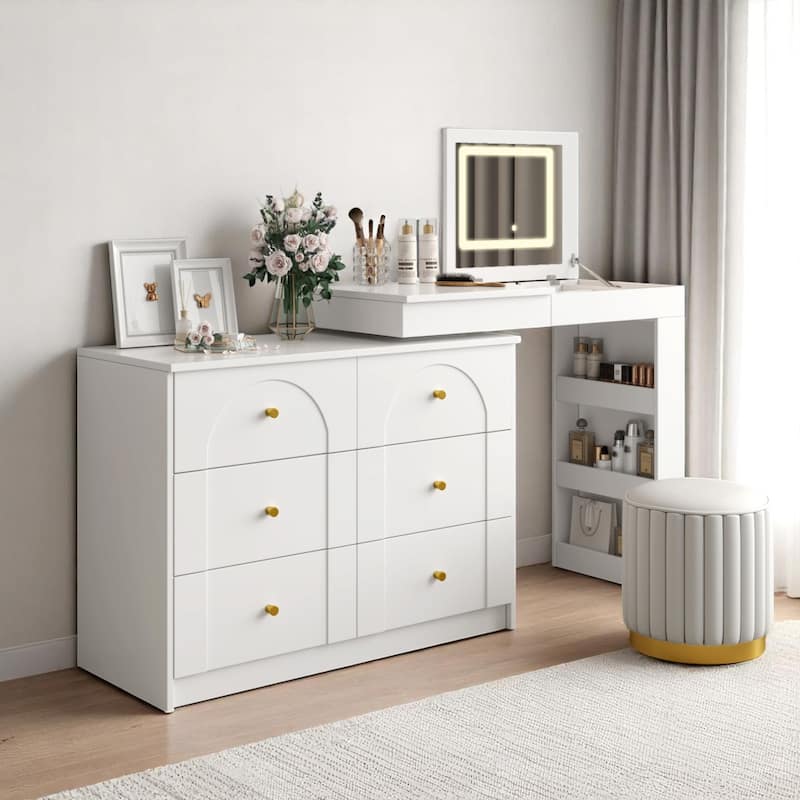 KISRAIS Vanity Desk with Mirror, Lights, and Flip-Top Tabletop