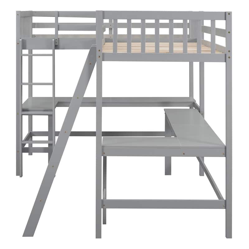 Merax Wood Twin Size L-Shaped Loft Bed with Ladder and 2 Built-in L-Shaped Desks