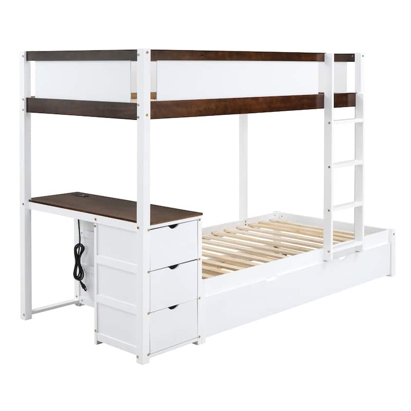 Bunk Bed with Twin Size Trundle, Drawers and Desk