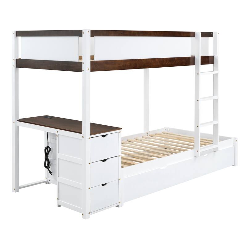 Twin-Over-Twin Bunk Bed with Trundle, Storage, and Desk, Space-Saving Design, USB Ports, Ideal for Overnight Guests