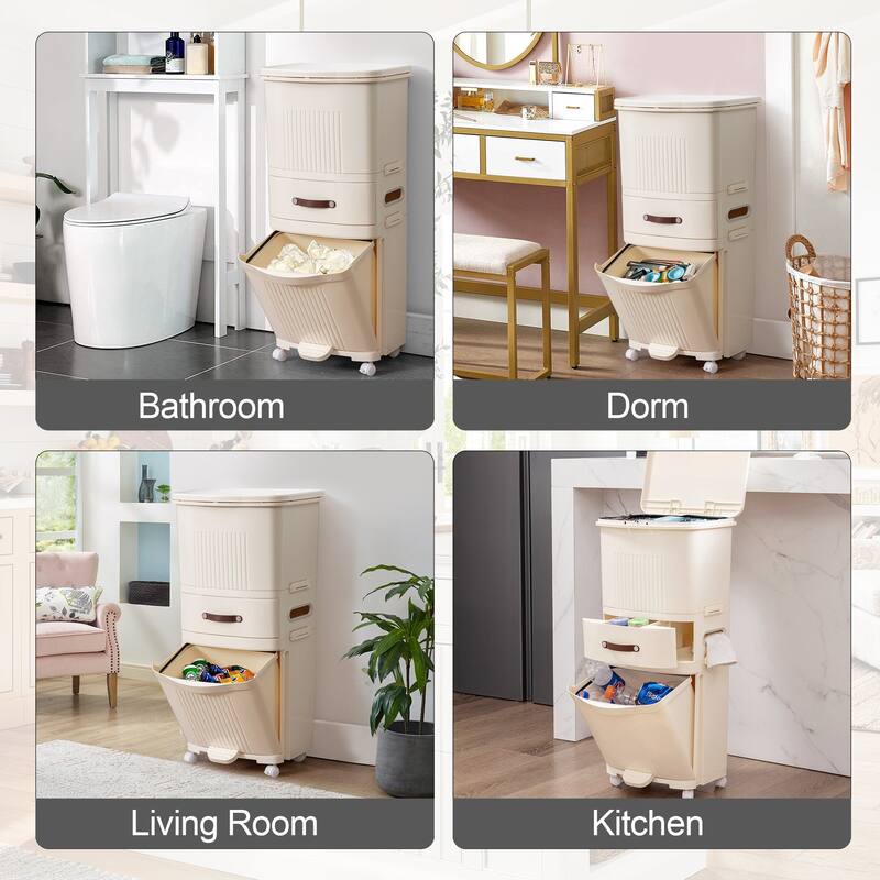 Javlergo Beige Trash Can with Dual Inner Bins Foot Peda lStorage Drawer and 4 Universal Wheels for Kitchen Bathroom Living Room