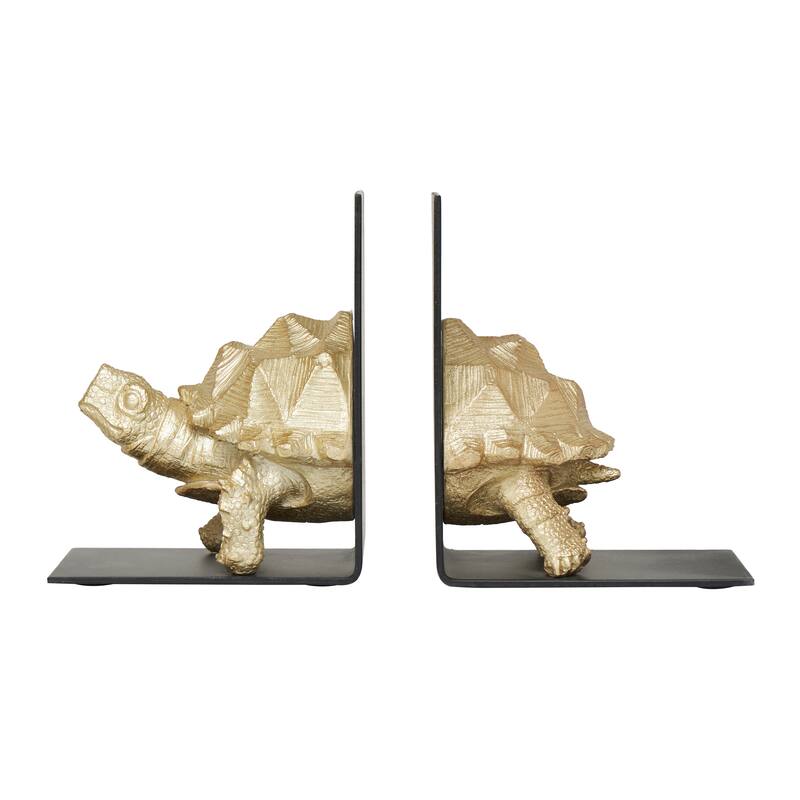 CosmoLiving by Cosmopolitan Brass Polystone Turtle Decorative Bookends with Black Stands (Set of 2)