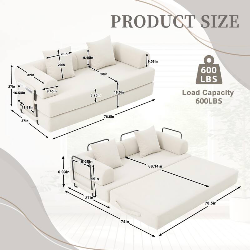 Foldable Modular Couch Sleeper Loveseat Sofa Bed with Storage Side Pocket, Detachable Metal Frame and Corduroy Fabric Cover